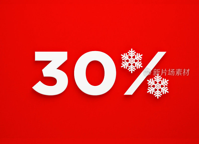 30% Off -白色雪花形成百分比标志坐在旁边的数字30红色背景